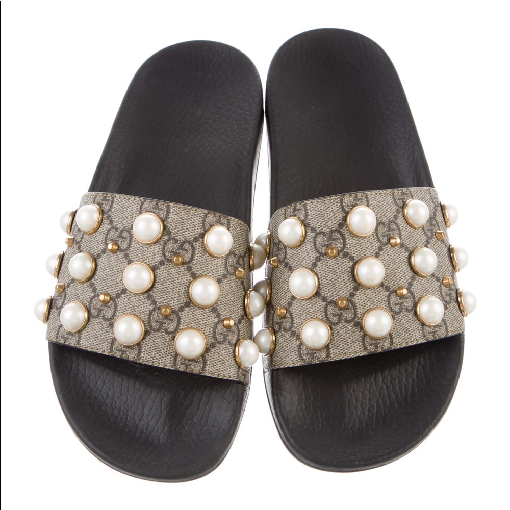 Gucci Pearl Canvas Slides Sandals Flat Shoes